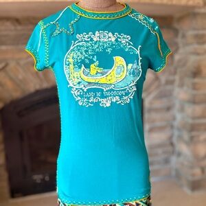 🚩 Double D Ranch “Land of Tomorrow” Turquoise Tee with Yellow Accents. Size: XS